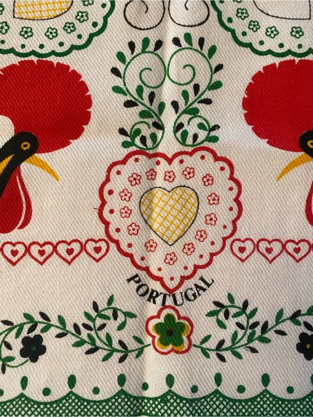 Vintage Cotton Tea Towel Folk Art Colorful Roosters Hearts Made In Portugal